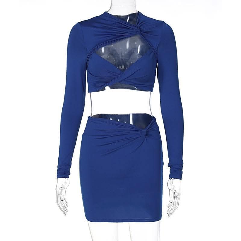 Knotted hollow out solid ruched long sleeve mini skirt set-final-sale  | Festival Outfits Women