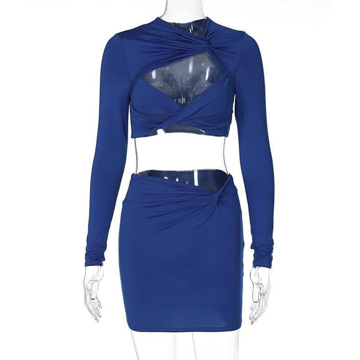 Knotted hollow out solid ruched long sleeve mini skirt set-final-sale  | Festival Outfits Women