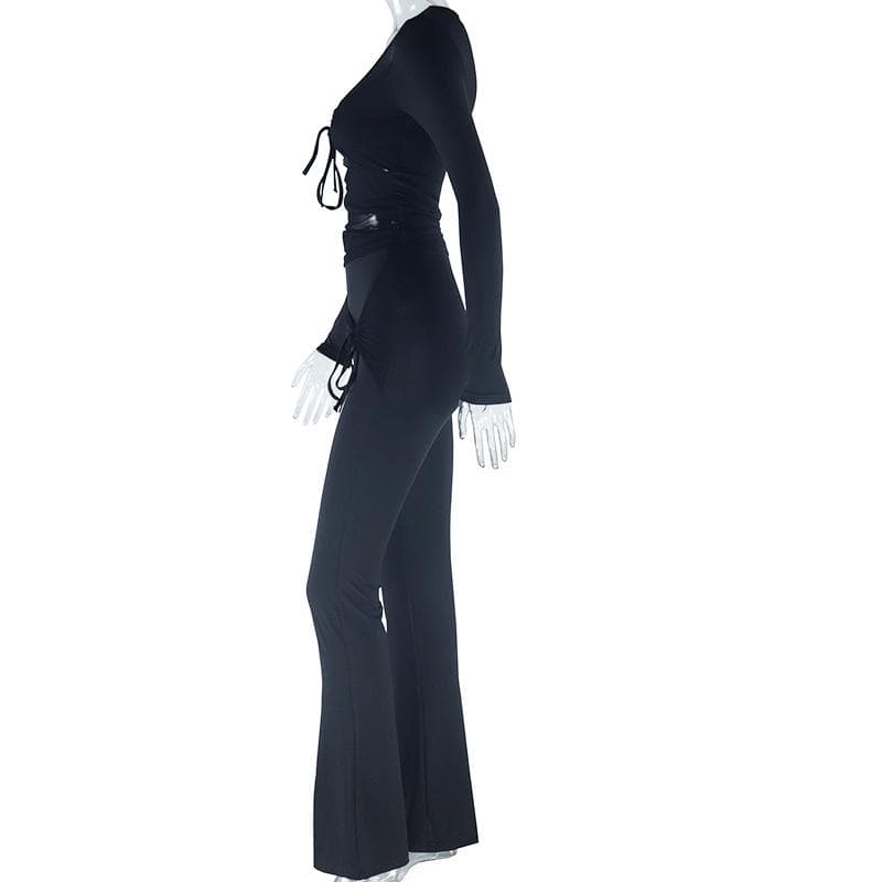 Long sleeve drawstring ruched patchwork jumpsuit  | Festival Outfits Women