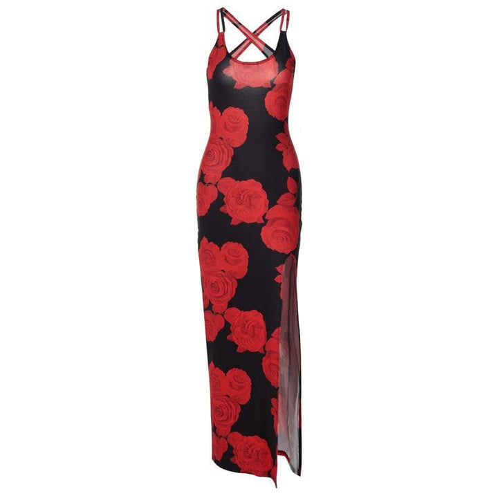 Rose print u neck slit cross back cami maxi dress  | Festival Outfits Women