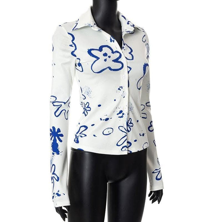 Turnover collar button contrast print long sleeve top-final-sale  | Festival Outfits Women