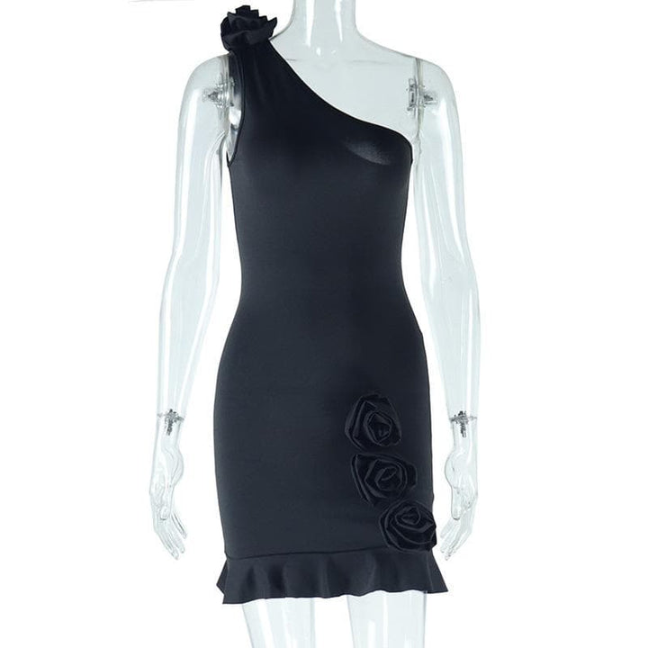 One shoulder irregular flower applique ruffle mini dress  | Festival Outfits Women