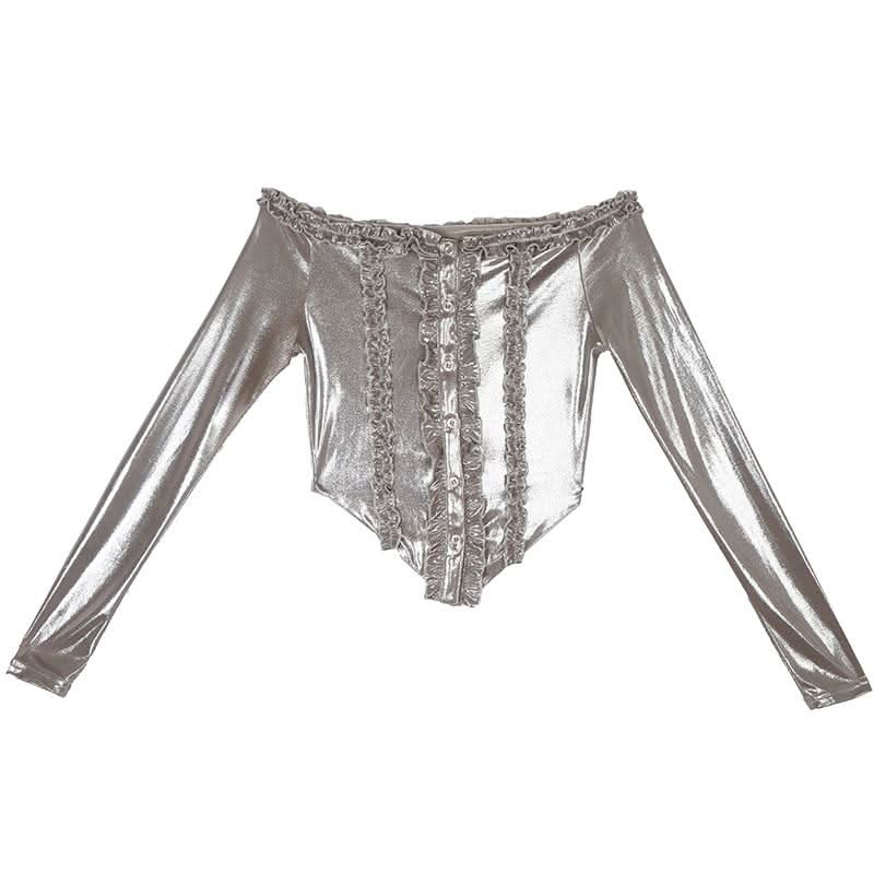 Long sleeve off shoulder ruffle button ruched top  | Festival Outfits Women