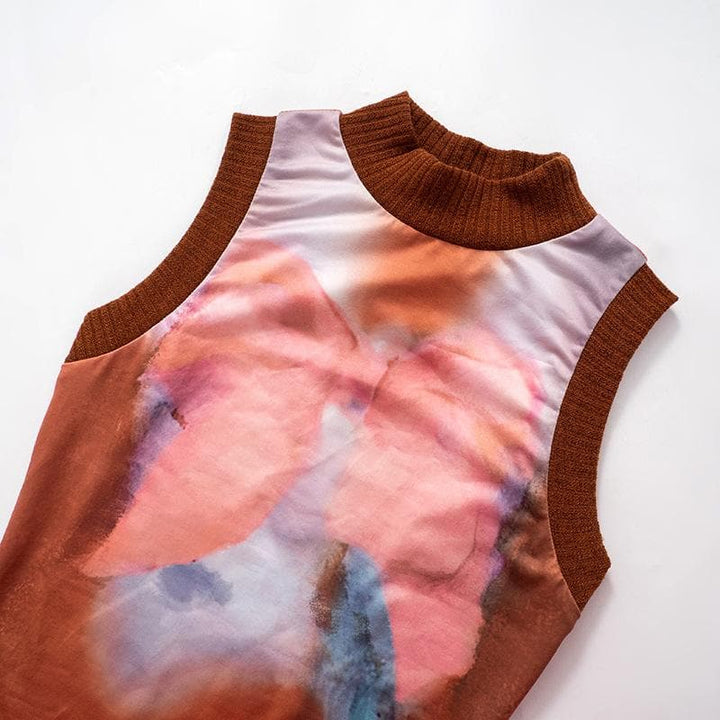 High neck sleeveless knitted patchwork print top  | Festival Outfits Women