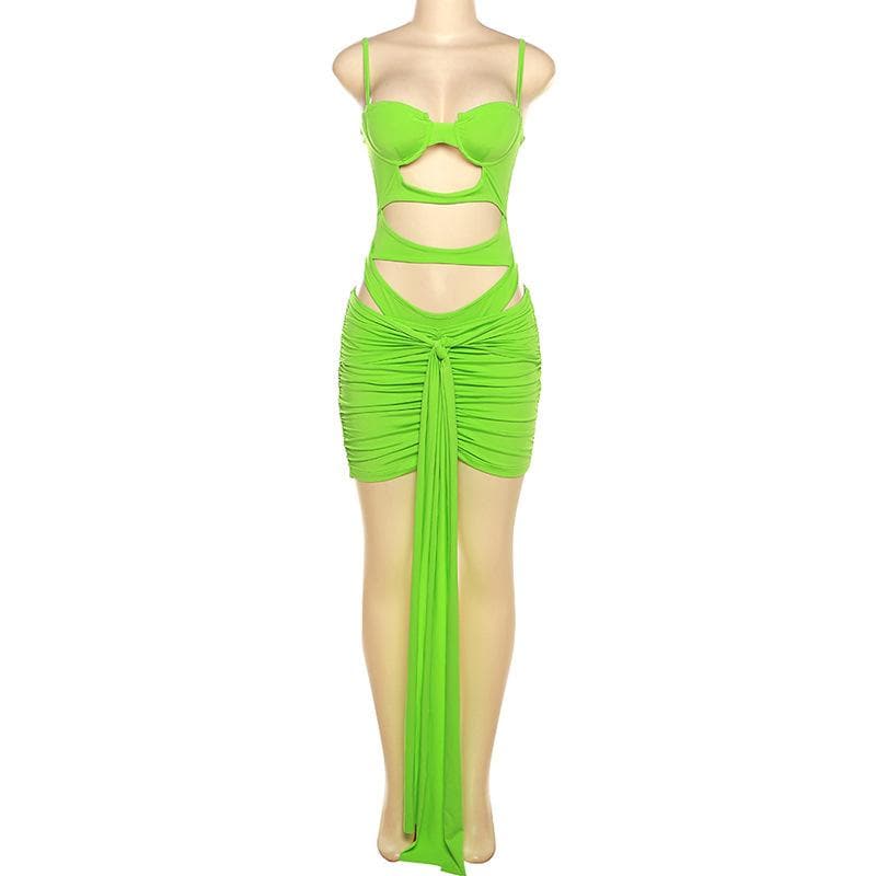 Hollow out solid ruched low cut self tie cami bodysuit mini skirt set-final-sale  | Festival Outfits Women