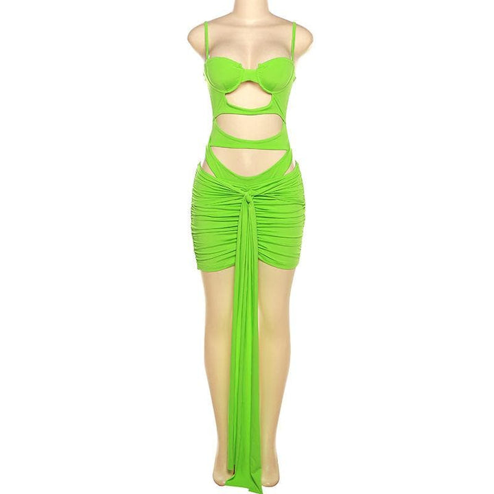 Hollow out solid ruched low cut self tie cami bodysuit mini skirt set-final-sale  | Festival Outfits Women
