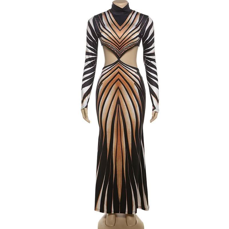 High neck long sleeve hollow out print contrast cut out maxi dress-final-sale