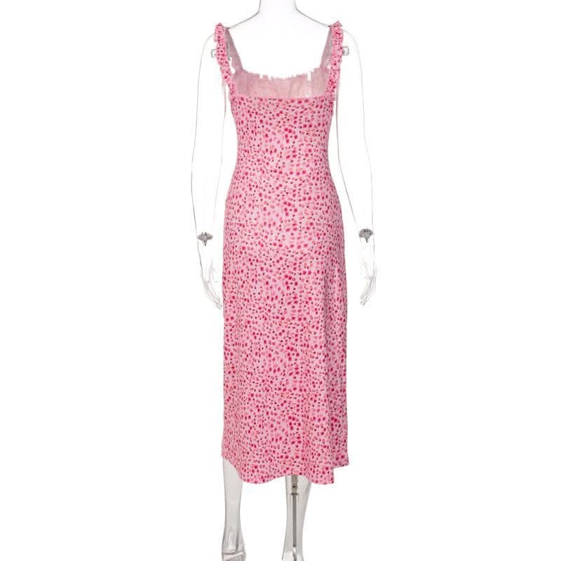Flowers contrast print ruffle ruched square neck backless cami midi dress-final-sale