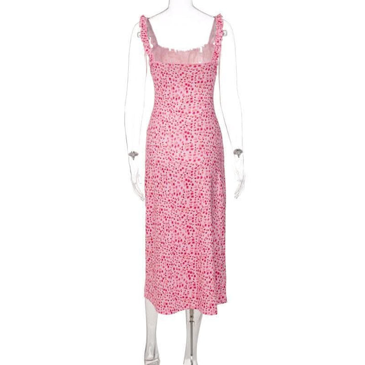 Flowers contrast print ruffle ruched square neck backless cami midi dress-final-sale