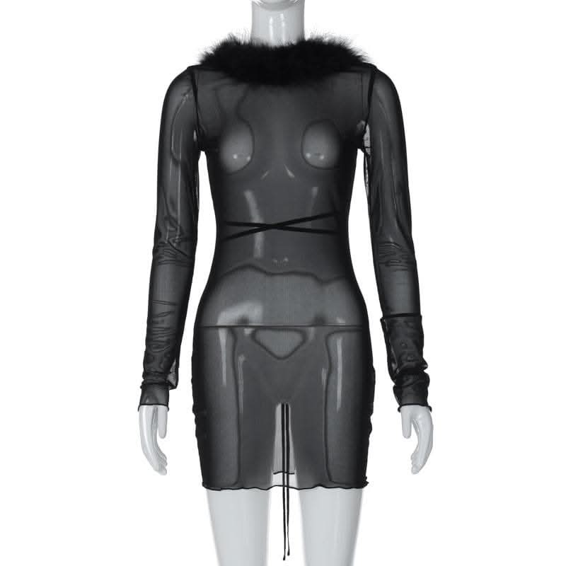Long sleeve sheer mesh feather ruffle backless mini dress-final-sale  | Festival Outfits Women
