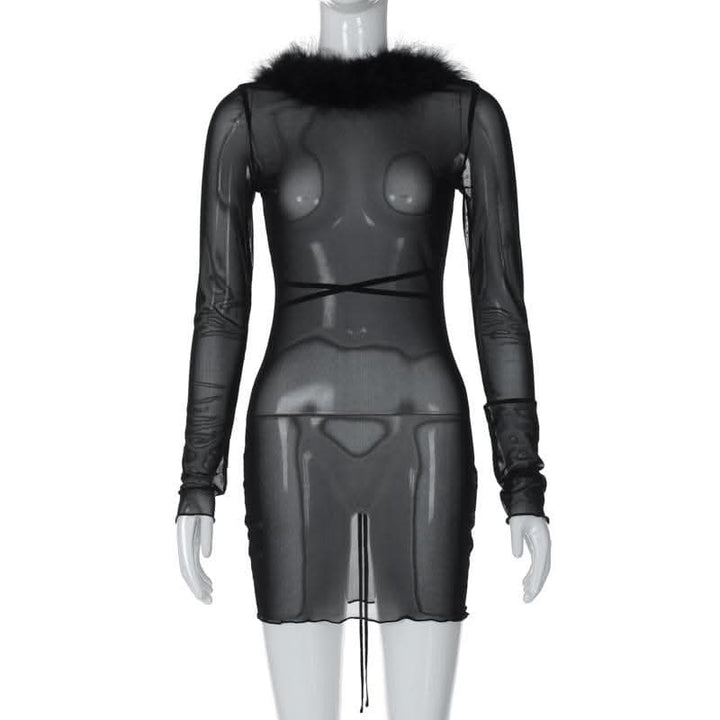 Long sleeve sheer mesh feather ruffle backless mini dress-final-sale  | Festival Outfits Women