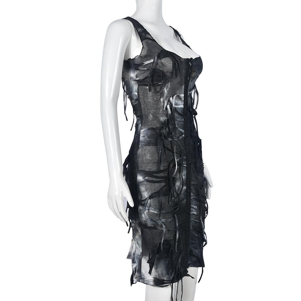 Tie dye button tassels square neck tank midi dress  | Festival Outfits Women