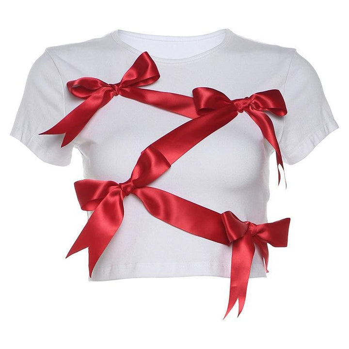 Takalmin ɗaukar kaya na gajeren hannu na bowknot crewneck | Kayan Biki na Mata