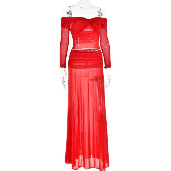 Long sleeve off shoulder sheer mesh maxi skirt set-final-sale  | Festival Outfits Women