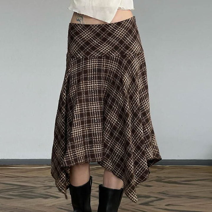 Plaid irregular zip-up contrast midi skirt  | Festival Outfits Women