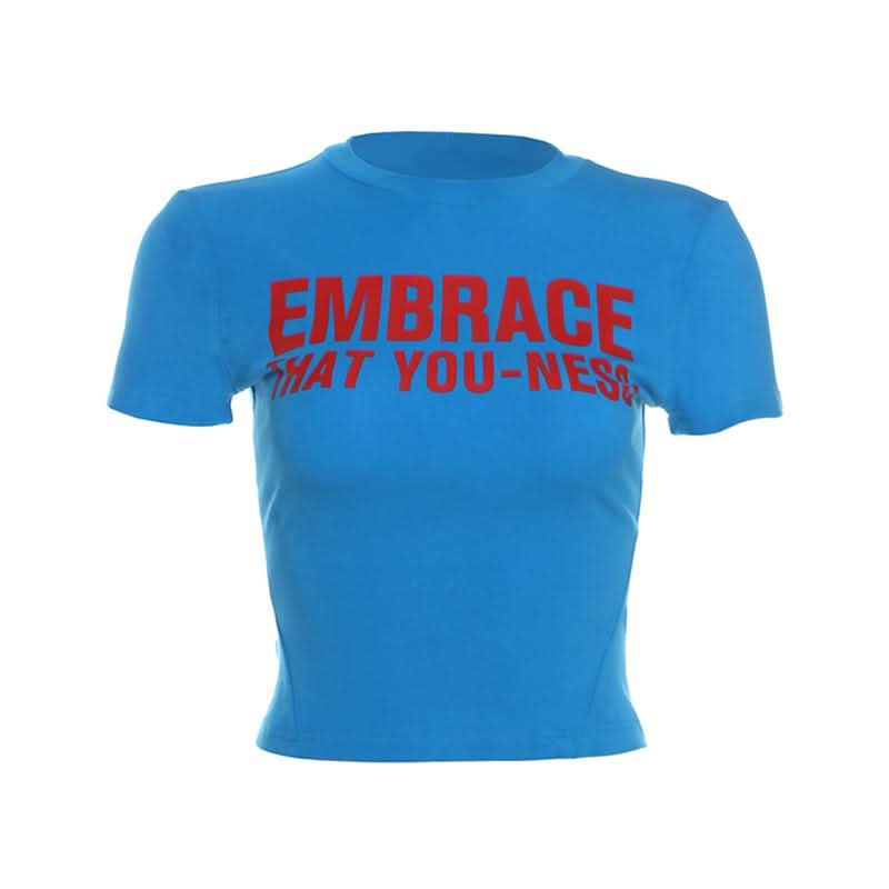 Crewneck short sleeve "EMBRACE" pattern crop top  | Festival Outfits Women