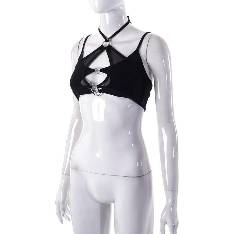 Mesh halter o ring solid hollow out backless patchwork crop cut out top-final-sale