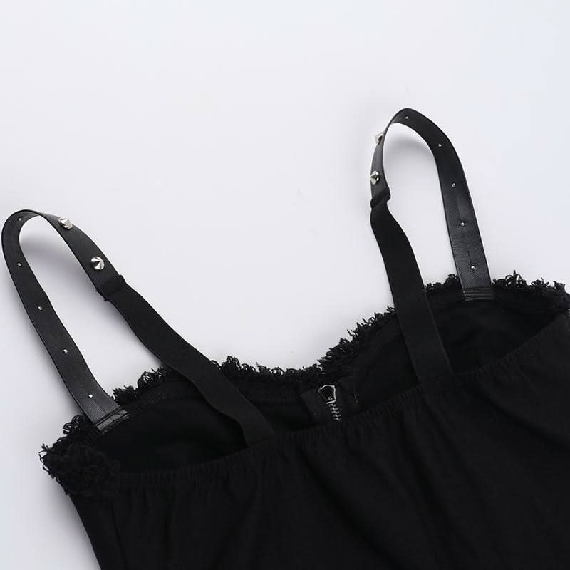 Zip-up letter print rivet applique raw hem cami top  | Festival Outfits Women