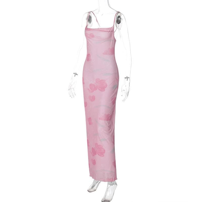 Print mesh knotted backless cami maxi dress  | Festival Outfits Women