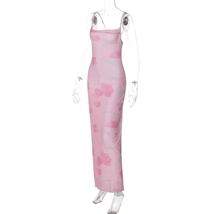 Print mesh knotted backless cami maxi dress  | Festival Outfits Women
