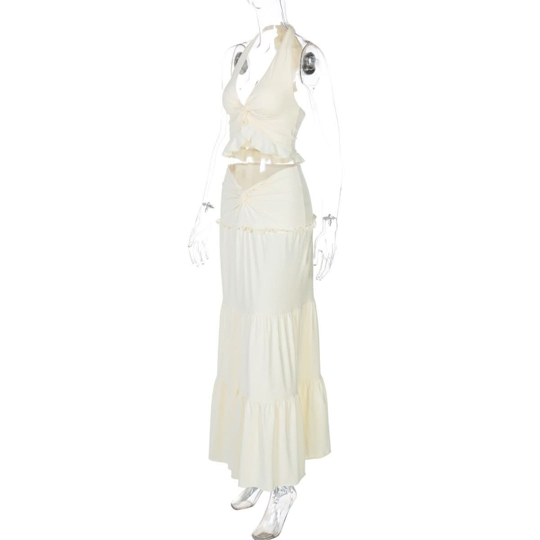 Halter v neck ruffle ruched maxi dress skirt set  | Festival Outfits Women