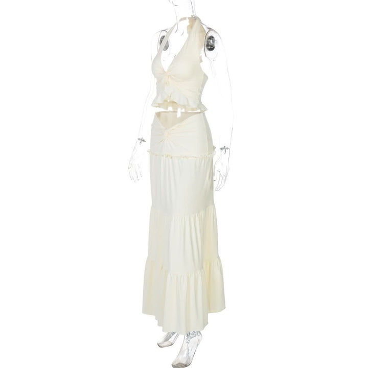 Halter v neck ruffle ruched maxi dress skirt set  | Festival Outfits Women