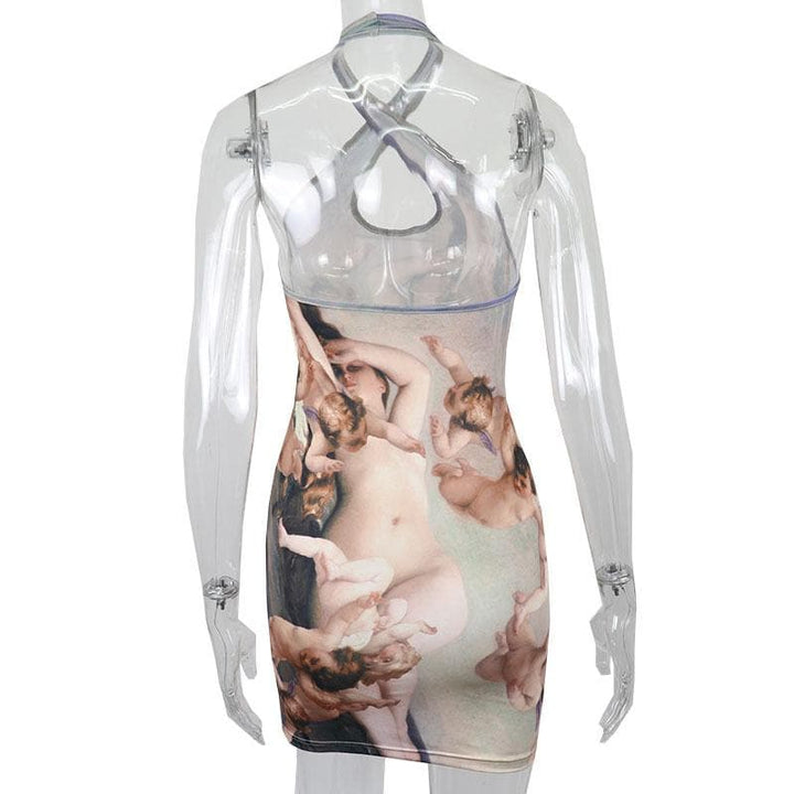 Halter ruched hollow out print backless cut out mini dress  | Festival Outfits Women