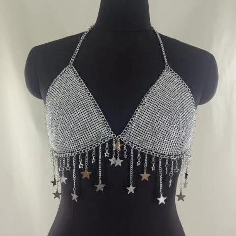Metal chain star decor halter backless bralette top  | Festival Outfits Women