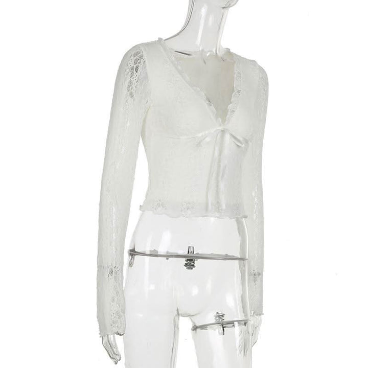 V neck long sleeve lace bowknot top  | Festival Outfits Women-final-sale