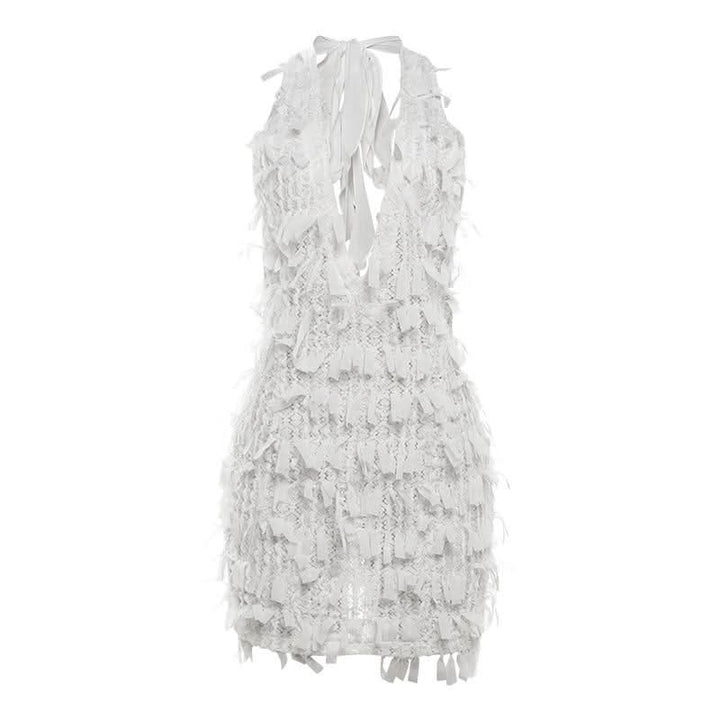 Deep V neck halter self tie backless zip-up mini dress  | Festival Outfits Women