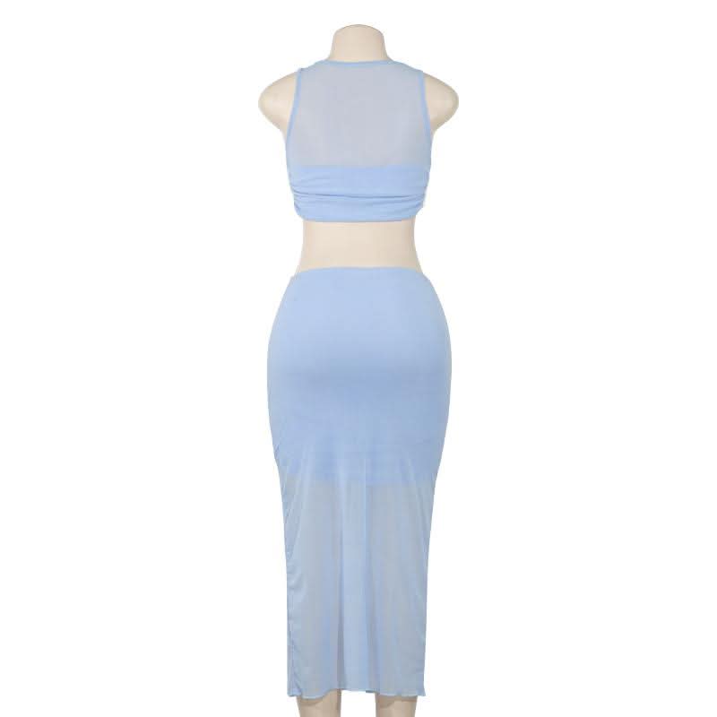 Crewneck sleeveless ruched mesh crop maxi skirt set  | Festival Outfits Women