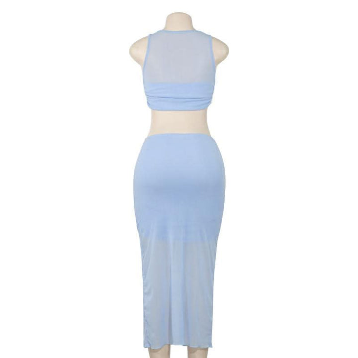 Crewneck sleeveless ruched mesh crop maxi skirt set  | Festival Outfits Women