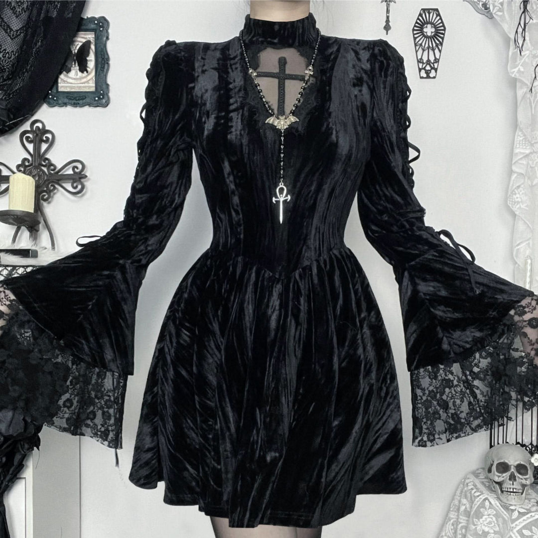 Long flared sleeve self tie velvet cross pattern mini dress  | Festival Outfits Women-final-sale