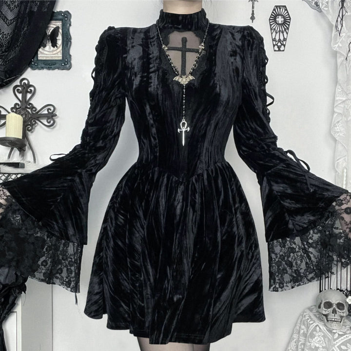 Long flared sleeve self tie velvet cross pattern mini dress  | Festival Outfits Women-final-sale
