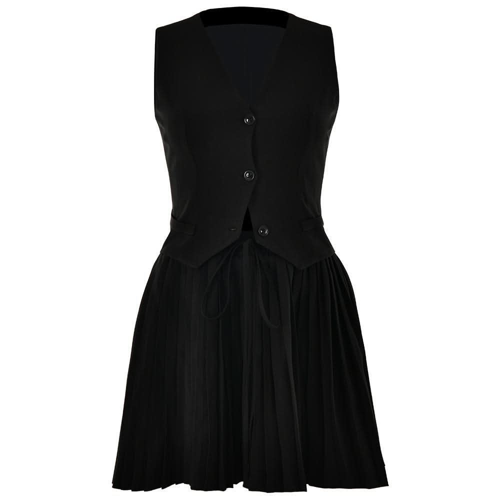 Pleated deep V neck button self tie solid mini skirt set  | Festival Outfits Women
