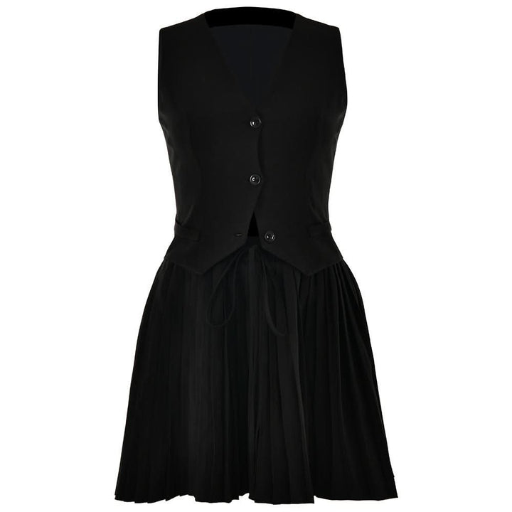 Pleated deep V neck button self tie solid mini skirt set  | Festival Outfits Women