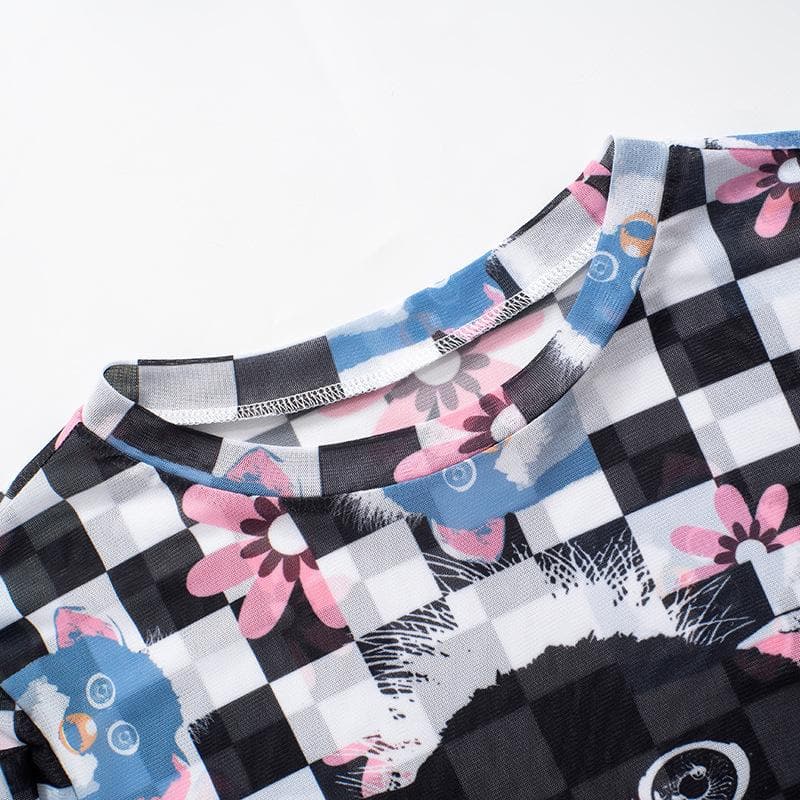 Long sleeve plaid print sheer mesh top  | Festival Outfits Women
