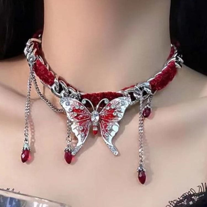 Red butterfly pendant fluffy choker necklace  | Festival Outfits Women