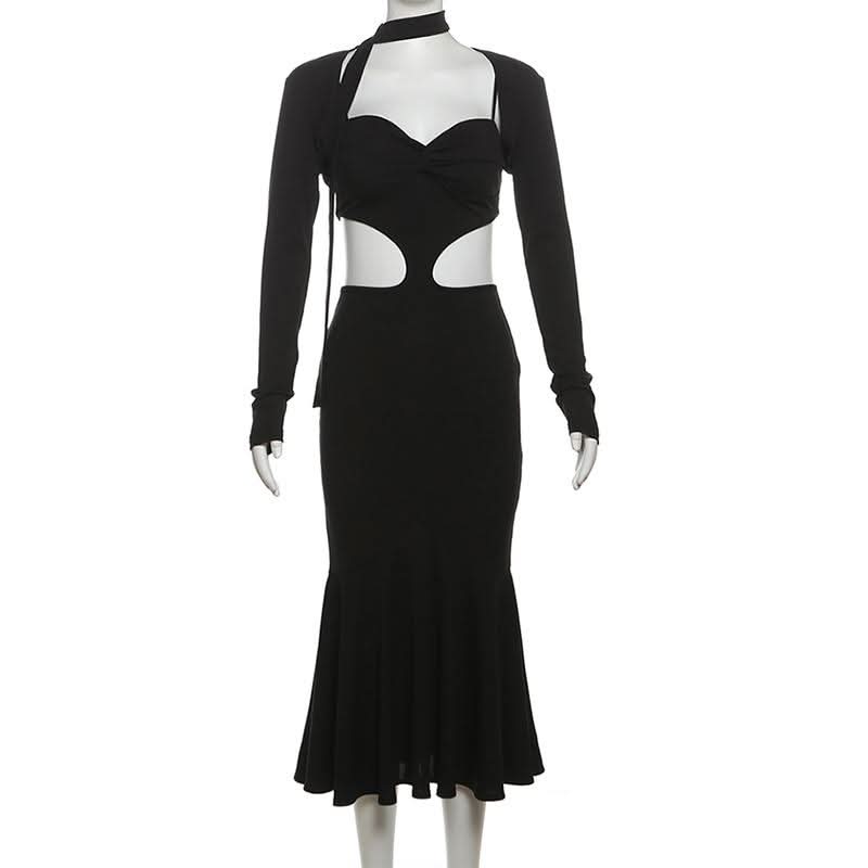 Long sleeve sweetheart neck shrug 2 piece hollow out cut out maxi dress  | Festival Outfits Women