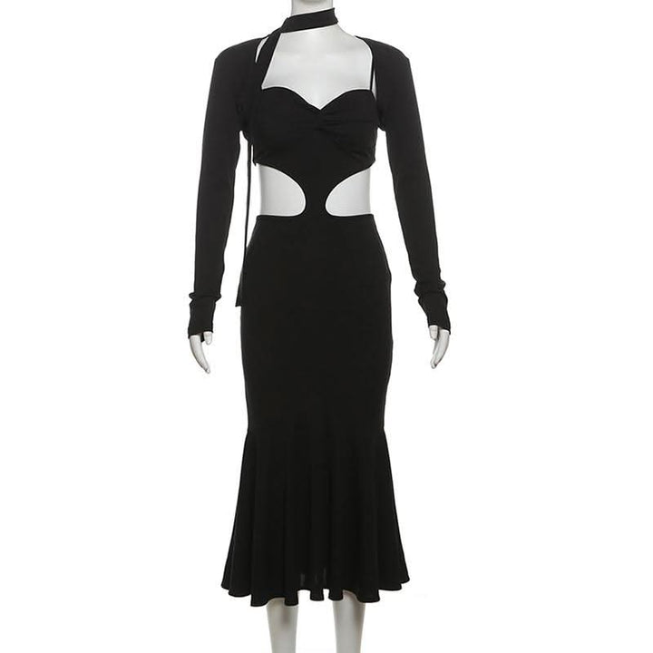 Long sleeve sweetheart neck shrug 2 piece hollow out cut out maxi dress  | Festival Outfits Women