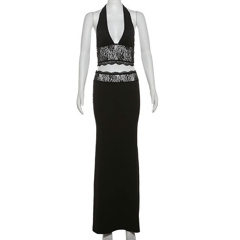 Halter v neck lace backless maxi skirt set  | Festival Outfits Women