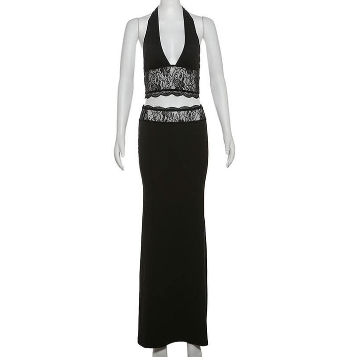 Halter v neck lace backless maxi skirt set  | Festival Outfits Women