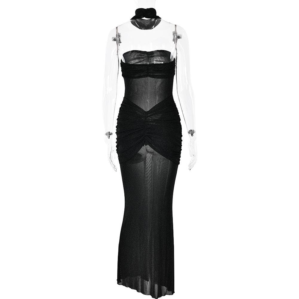 Sweetheart neck ruched see through glitter tube maxi dress  | Festival Outfits Women