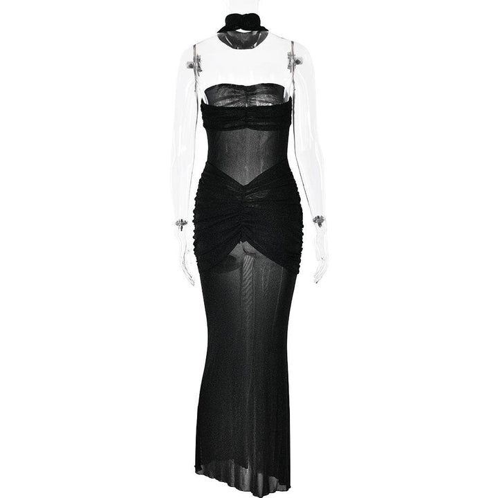 Sweetheart neck ruched see through glitter tube maxi dress  | Festival Outfits Women