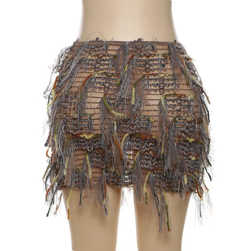 Tassels hollow out see through contrast cut out mini skirt  | Festival Outfits Women
