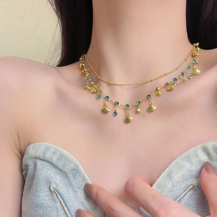 Shell pendant rhinestone layered choker necklace  | Festival Outfits Women