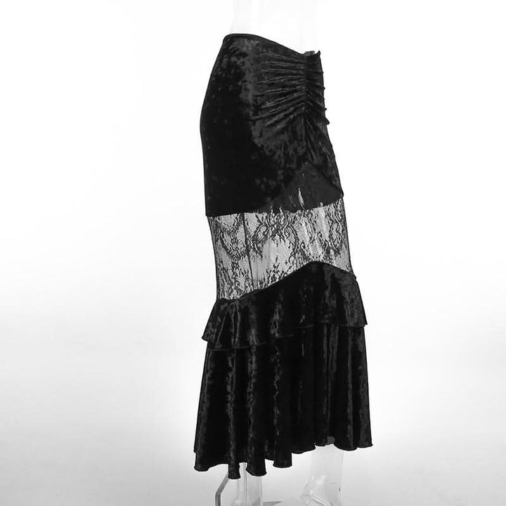 Velvet lace patchwork ruched ruffle maxi skirt  | Festival Outfits Women