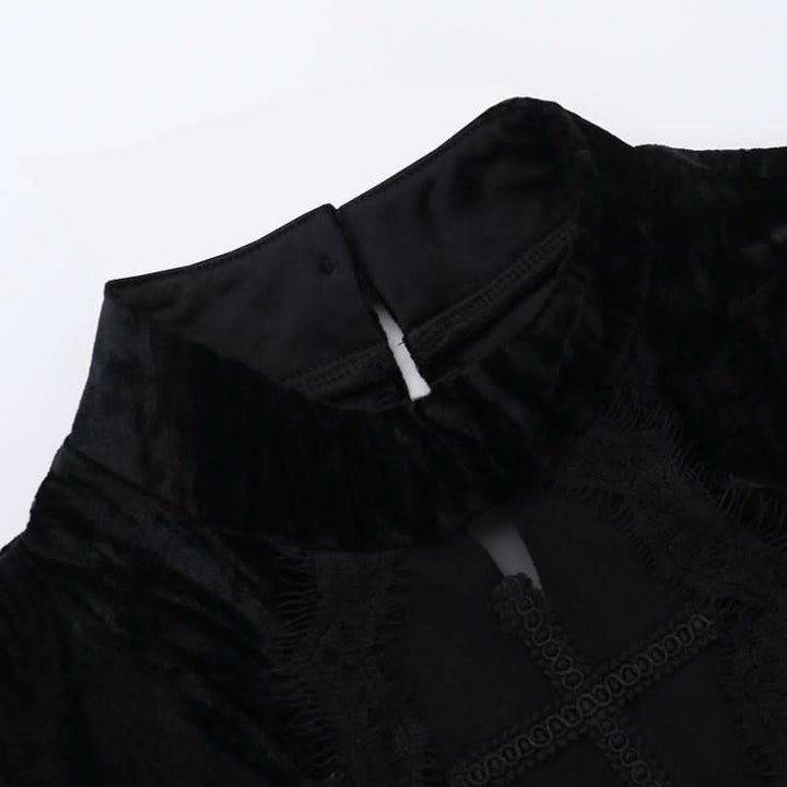 Long flared sleeve self tie velvet cross pattern mini dress  | Festival Outfits Women-final-sale