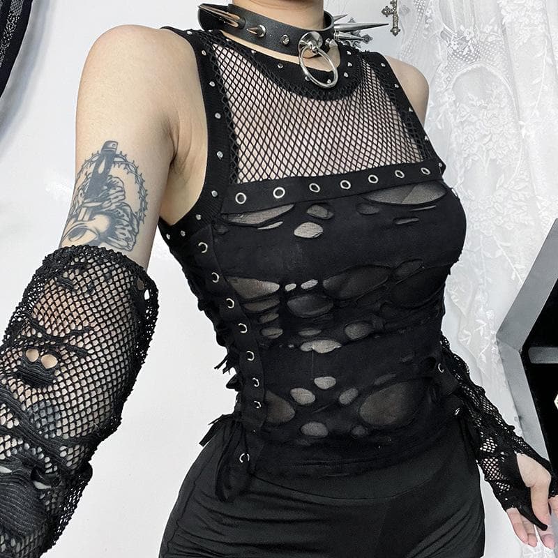 Crewneck fishnet buckle hollow out lace up tank cut out top  | Festival Outfits Women