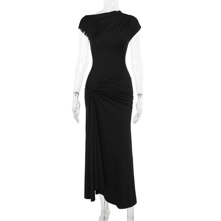 Short sleeve ruched self tie high slit maxi dress  | Festival Outfits Women